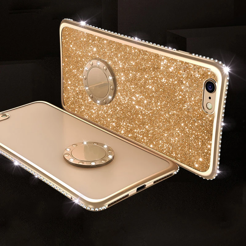 Блестящий Алмазный чехол с подставкой для samsung S8 S9 S10 Plus S10e Note 9 Note 8 для iPhone XS Max XR X 8 7 6 6S Plus Мягкий чехол из ТПУ - Цвет: Gold With Stand