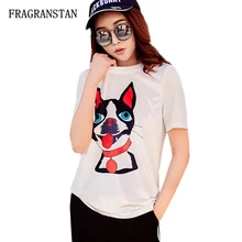Для женщин сезон: весна–лето, новинка, круглый вырез, велюровые футболки модные женские Пёс из мультфильма с принтом Милая футболка женские, повседневные, свободные из белого топа и JQ410