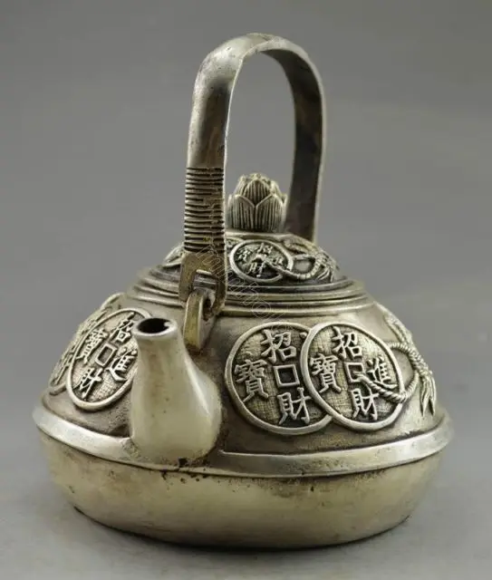 Collectible Decorated Silver Copper Handwork Carved Bring Money Coin Tea Pot