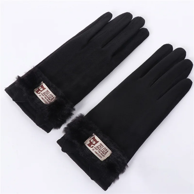 Touch screen gloves ladies winter warm suede leather mittens lovely rabbit cat ears plus velvet thickening driving gloves D33 - Цвет: D33A Black