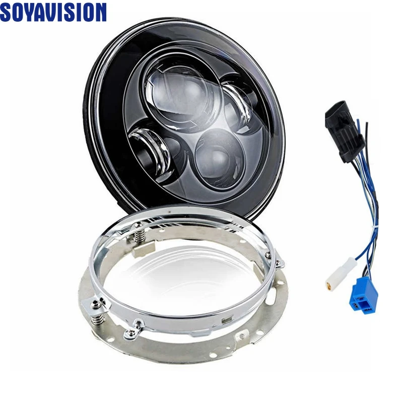 7" LED Projection Headlight With Chrome 7" Round Mounting Bracket Ring