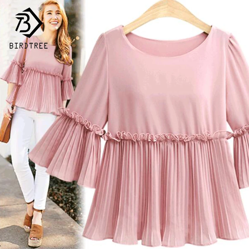 

Plus Size XL-5XL Women Pleated Chiffon Blouse Streetwear Spring Summer New Solid Three Quarter Sleeve Tops Pink White T81301L