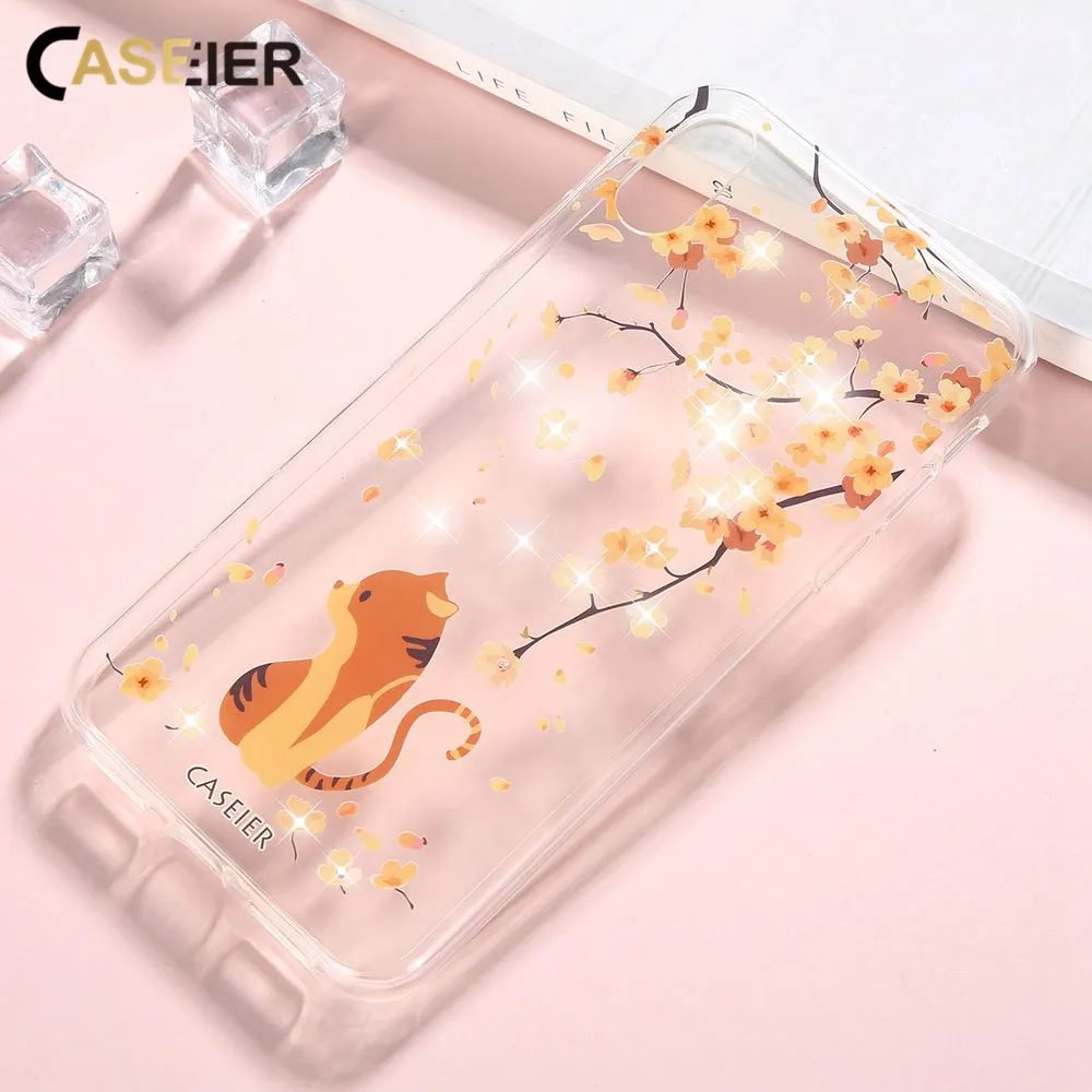 

CASEIER 2018 Phone Case For iPhone 7 Plus Soft Silicone Rhinestone Cover For iPhone X Cute Cat Sakura Patterned Funda Capinha