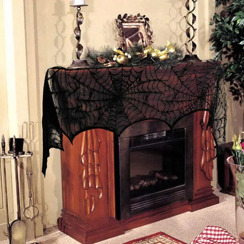 

New Halloween Party Supplies Fireplace Mantle Scarf Cover 258cm 1Pcs Black Lace Spiderweb Table Cloth for Halloween Decoration