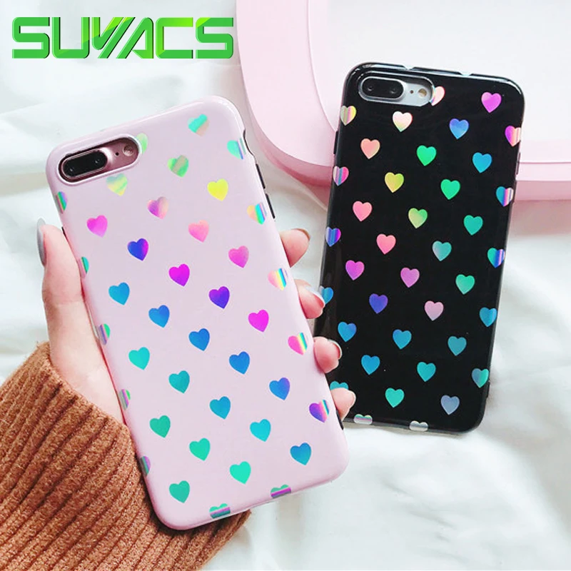 

SUYACS For iPhone 6 6S 7 8 Plus X Case Fashion Holographic Hearts Iridescent Laser Soft Silicon IMD Phone Cases Cover Coque Bag