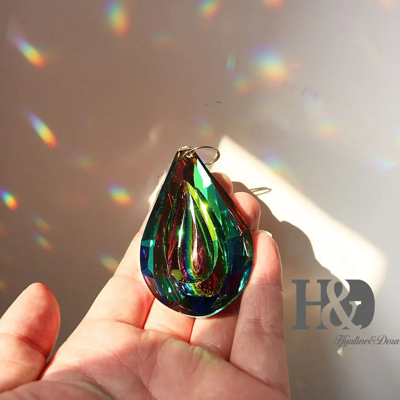 H&D 76mm Colorful Crystal Loquat Chandelier Lamp Hanging Ornament Parts,DIY Suncatcher Rainbow Maker Crystal Prisms Pendant