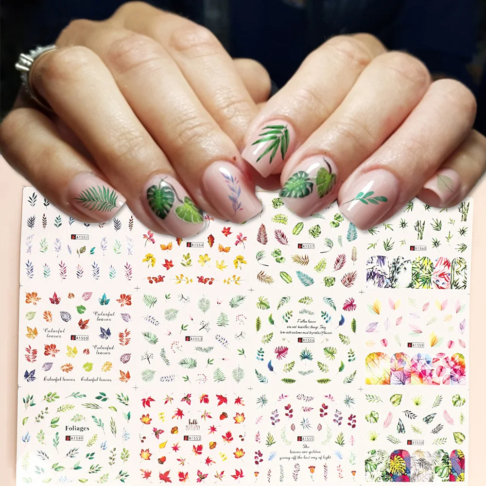 

New 12 Design Water Transfer Nail Decal Set Summer Colorful Leaf Nail Art Stickers Decorations Beauty DIY Tattoos Manicure Art