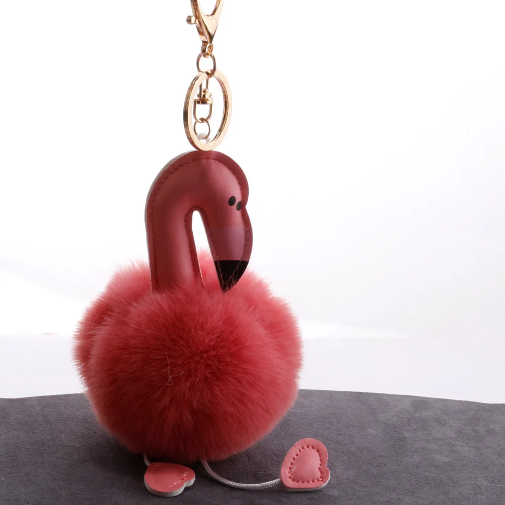 Брелок в виде фламинго брелок для ключей кролик помпоном женская обувь с кроличьим мехом сумка Брелоки-украшения пом автомобиля подвеска с брелком-держателем для ключей ювелирные изделия - Цвет: Темно-серый