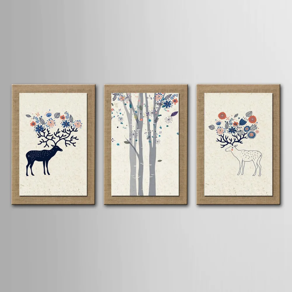 

Lentz Oil Painting Decoration Abstract Cartoon Animals Milu Deer Hand Painted Linen with Stretched Framed - Set of 3
