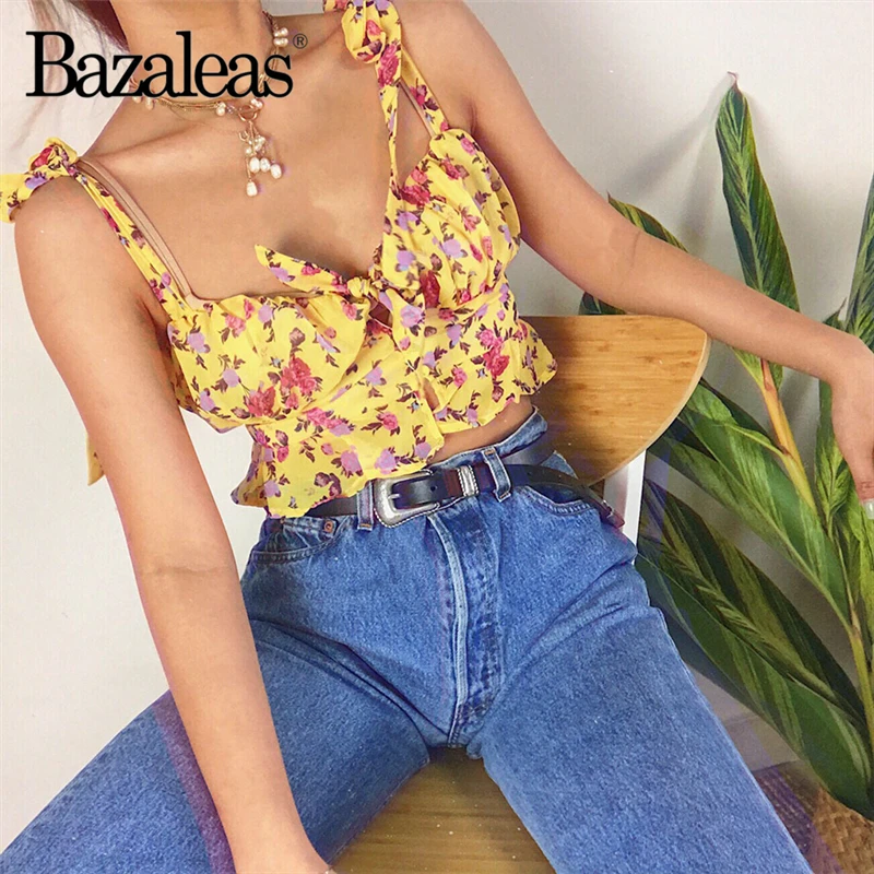 

Bazaleas Hollow Out women Crop Tops Yellow Floral Print Spaghetti Strap Tie women Camisole Fashion Cropped drop shipping