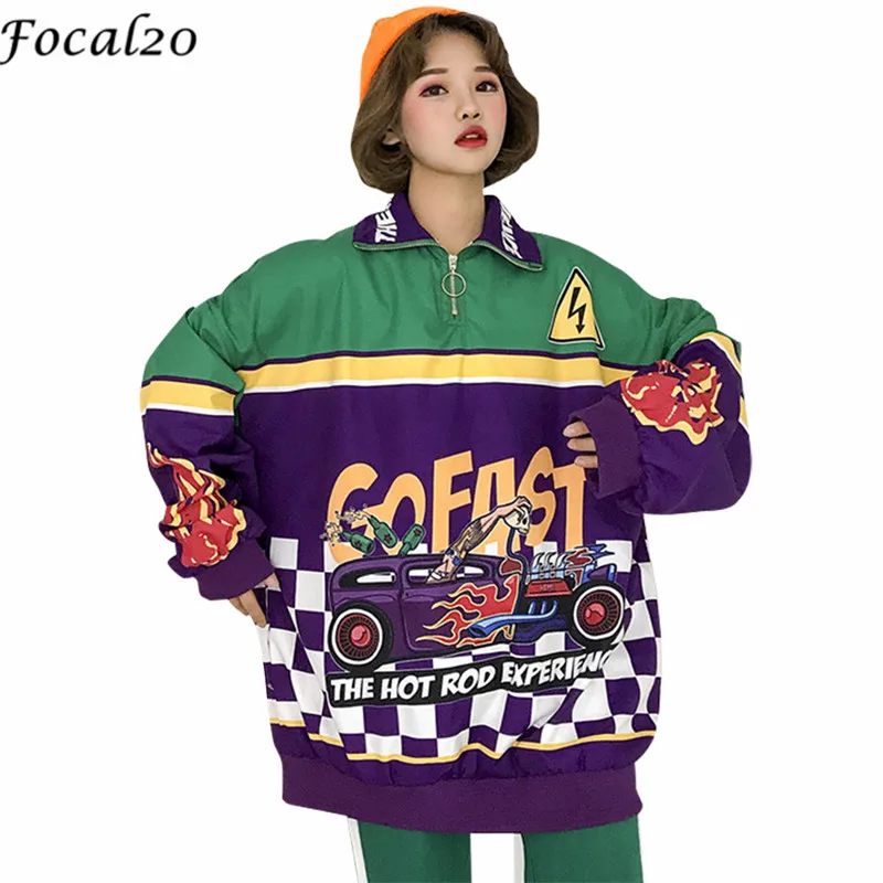 Focal20 الشارع الشهير سباق سيارة سستة النساء البلوز بدوره إلى أسفل طوق طويلة الأكمام عارضة فضفاضة الإناث البلوز البلوز