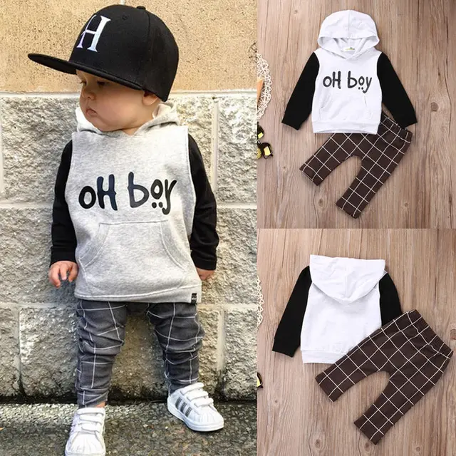 2pcs Toddler Kids Baby Boy Clothes Set OH Boy Hoodies Tops Casual Pants Plaid Clothing Boys Outfits 1