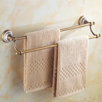 

Double Towel Bar Antique Copper Bathroom Towel Rack Bronze Ceramic Base Bathroom Shelf Wall Mount Hardware Accessories Ez10