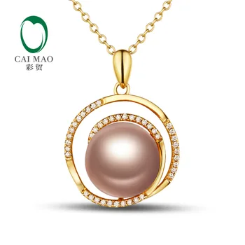 

18k Yellow Gold precious 11-12mm Round Freshwater Pearl 0.18ct Diamond Pendant manufacturer Free Shipping