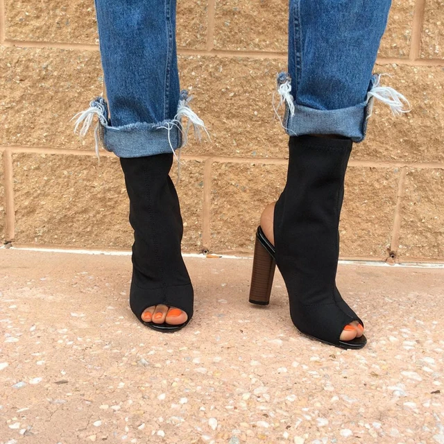 Teahoo Autumn Slim Stretch Womens Sock Boots Peep Toe Ankle Boots for