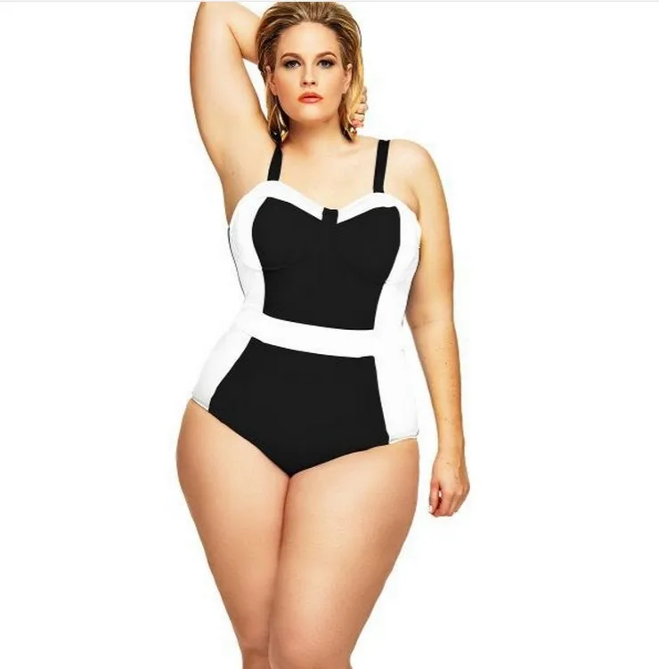 Слитный купальник размера плюс XL XXL купальники XXXL монокини для женщин черный и белый пэчворк большой размер купальный костюм с пуш-ап