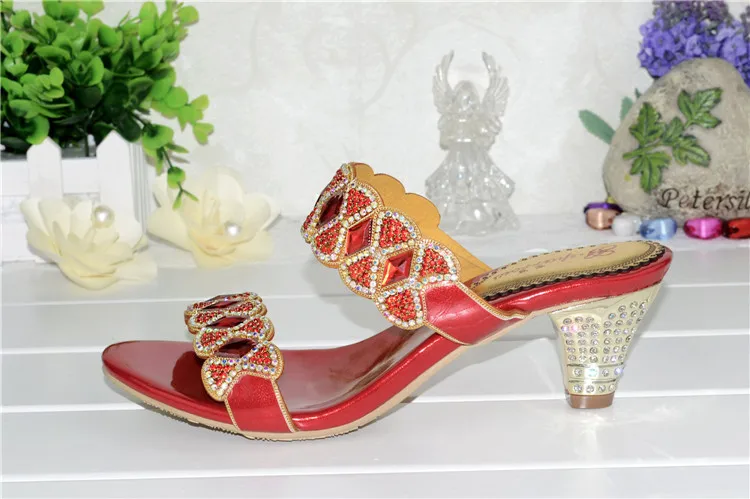 2017 Summer Womens Shoes High-heeled Slippers Sexy Sweet Diamonds Sandals Female Red 6cm-9