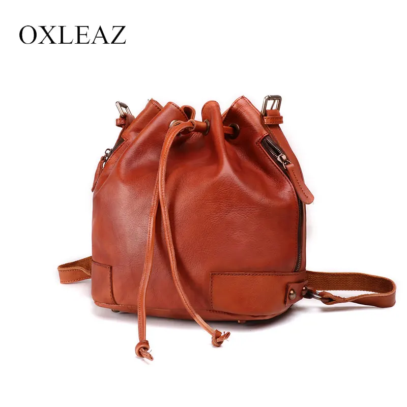 

OXLEAZ Vintage Drawstring Hand Bag Women Bucket Bag Genuine Leather Shoulder Bags Handbag Ladies Crossbody Messenger Red Bags