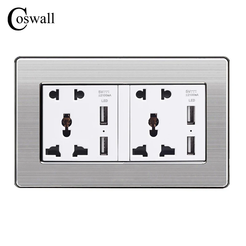 

COSWALL Wall Socket Dual Universal 5 Hole Power Outlet With 4 USB Smart Induction Charger Port for Mobile Stainless Steel Panel