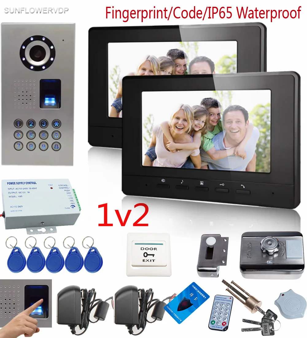 

SUNFLOWERVDP Video Intercom System Fingerprint CCD Camera Intercom 7" Color 2 Monitor Home Video Phone Rfid Cards Door Lock 1v2