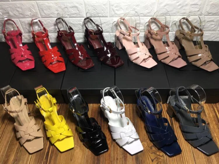 

2019 New Sandals Women Summer Thick Heels Shoes Open Toe Wild Black Patent Leather Square Head High Heel Summer Sandals