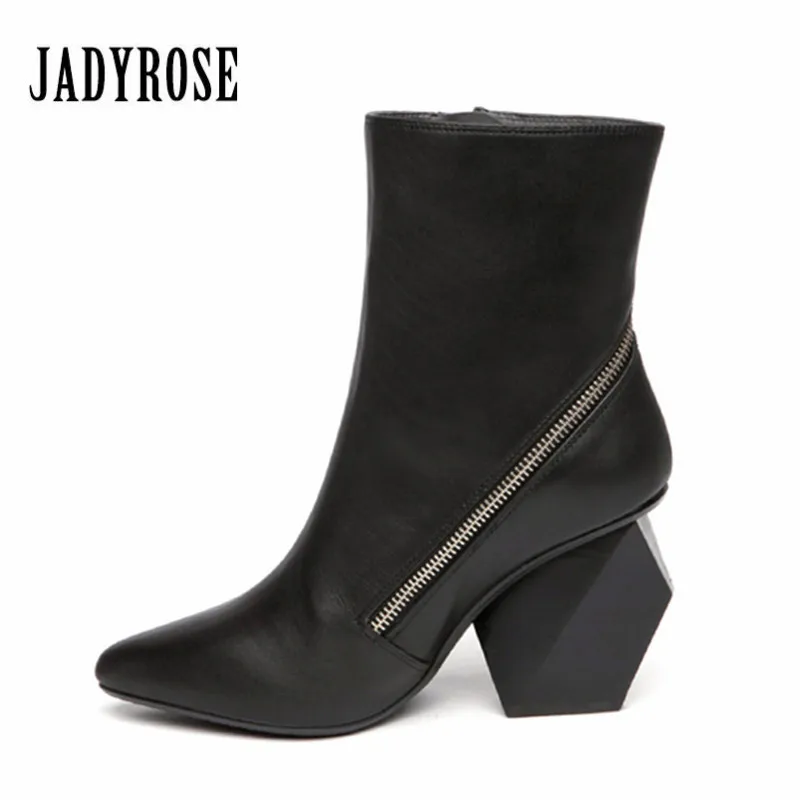 

Jady Rose Black Women Ankle Boots Zipper Design Genuine Leather Strange High Heel Botas Pointed Toe Botas Mujer Women Pumps