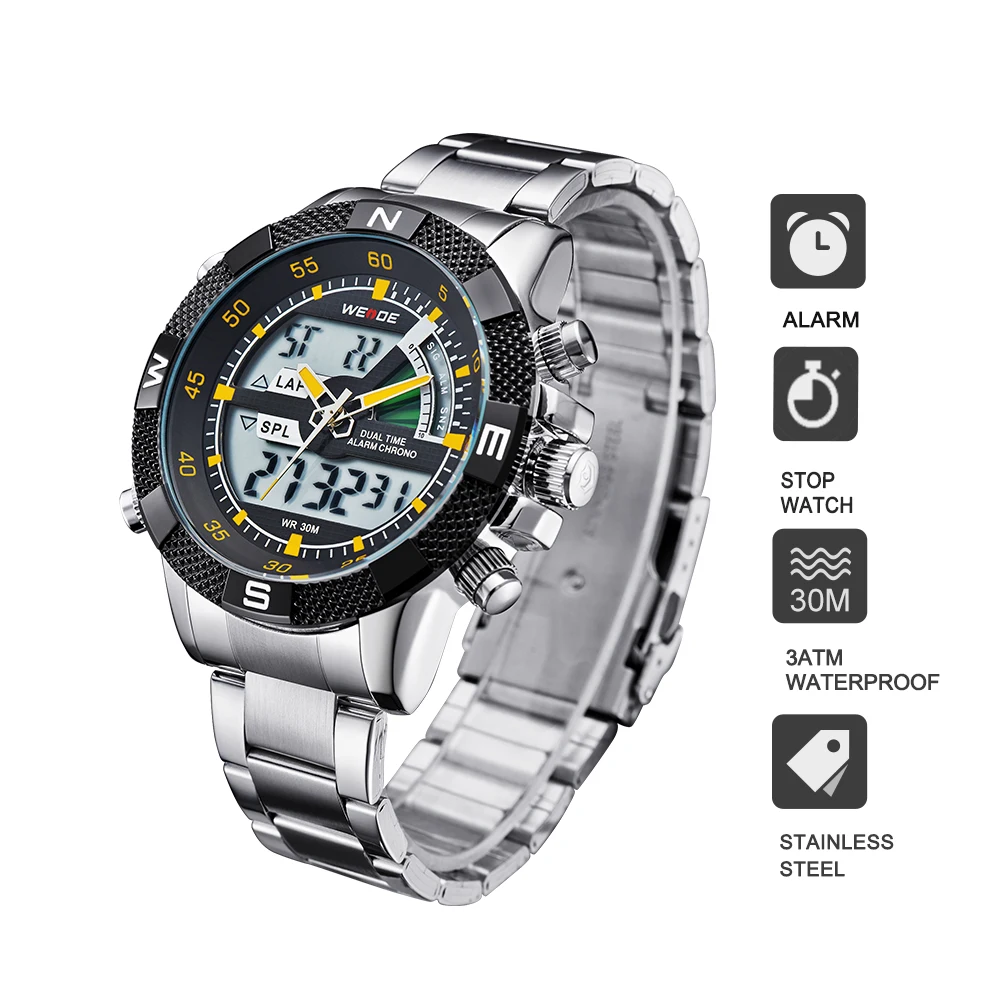 WEIDE Brand Men Military Watch Stainless Steel Band Original Japan Quartz 3ATM Waterproof Auto Date Male Alarm Clock Men Watch WEIDE Brand Men Military Watch Stainless Steel Band Original Japan Quartz 3ATM Waterproof Auto Date Male Alarm Clock Men Watch