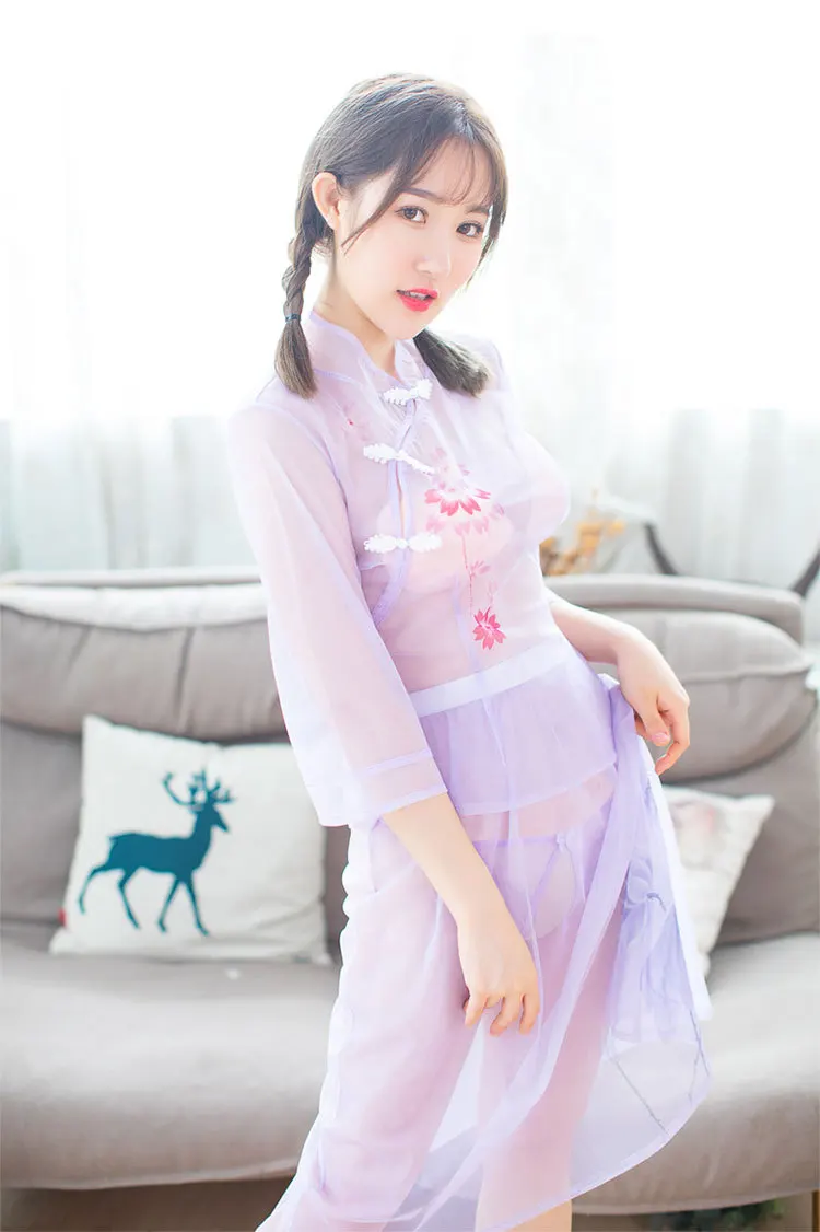 Ретро китайский стиль сексуальное женское белье Сладкий прозрачные костюмы Соблазнительная Пижама с цветочным принтом длинная юбка открыть файл 3 шт