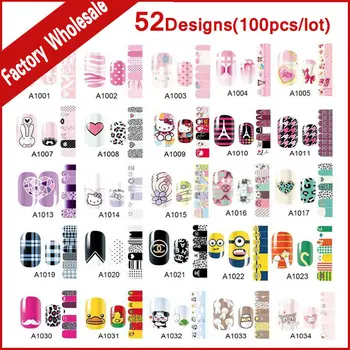 

52Designs (100pcs) Self-adhesive Nail Art Sticker Wraps Cartoon Solid Full Cover Nail Patch Foil Decals DIY Nail Beauty Supplies