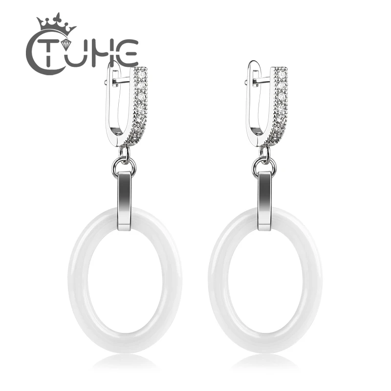 Элегантные длинные серьги для женщин, модные овальные Кристальные серебряные геометрические керамические серьги Brincos Bijoux, ювелирные изделия