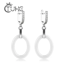 Элегантные длинные серьги для женщин, модные овальные Кристальные серебряные геометрические керамические серьги Brincos Bijoux, ювелирные изделия