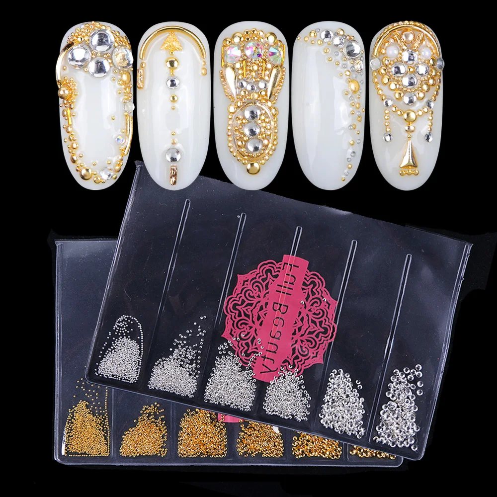 

1 Pack Mini Steel Beads+Metal Studs 3D Nail Art Decorations Gold Silver Round Silces Designs Mix Size Manicure Accessories TR748