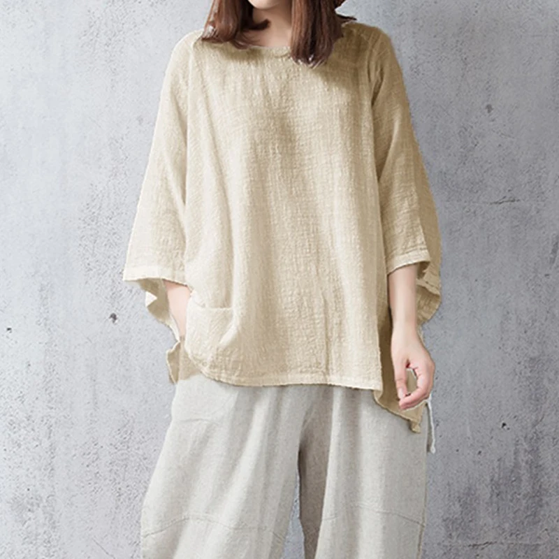 Cotton Linen Casual O-Neck Long Loose Sleeve Blouse Ladies 2018 Women Oversize Batwing Sleeve Tops Loose Solid Blouse Plus Size