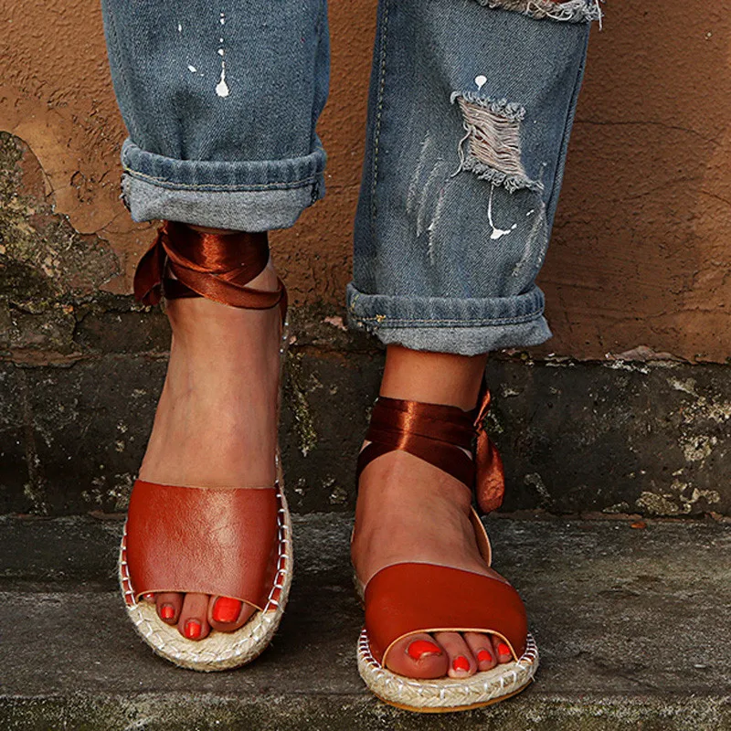 

Women Flat Sandals Open Toe Ankle Strap Black Dark Brown Shoes Roman Style Female Single Shoes Plus Size 35-43 XWZ5853