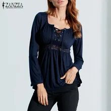 2016 Autumn Sexy Blouses ZANZEA Women V Neck Long Sleeve Lace Splicing Solid Blusas Tops Casual Plus Size Shirts Oversized