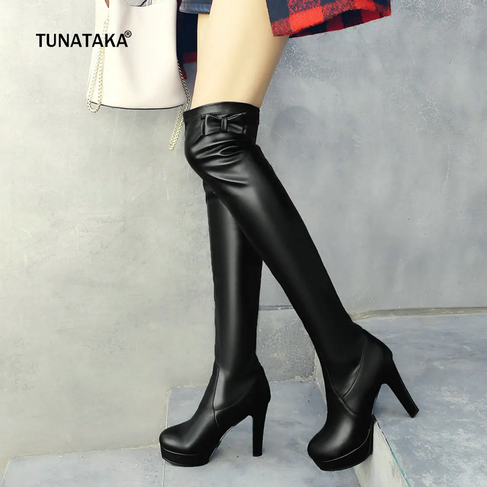 

Women's Elasticity Pu Over the Knee Boots Platform Square High Heel Thigh Boots Bow Slip On Fall Winter Fashion Ladies Shoes