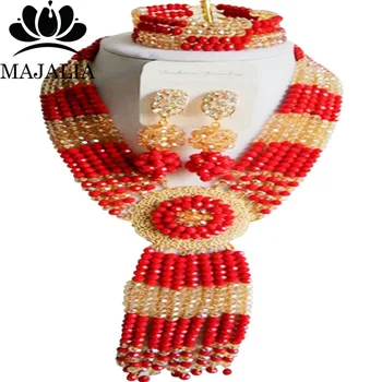 

Majalia Classic Nigerian Wedding African Jewelry Set Opaque red and Gold ab Crystal Necklace Bride Jewelry Sets 6CF016