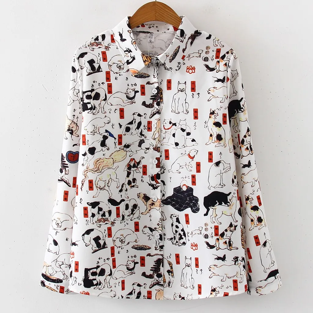 

Feminine Blouse Women Top Cat Printing Shirt Long Sleeve Casual Loose Blouse Blouses 2019 Women Chemise Blusas Mujer De Moda