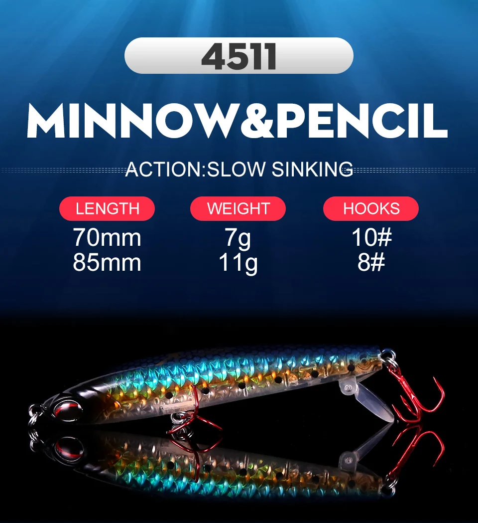KINGDOM Hot High Quality Pencil & Minnow Fishing Lure Top water Hard Baits Good Action and Special reflective shiny fish skin  (1)