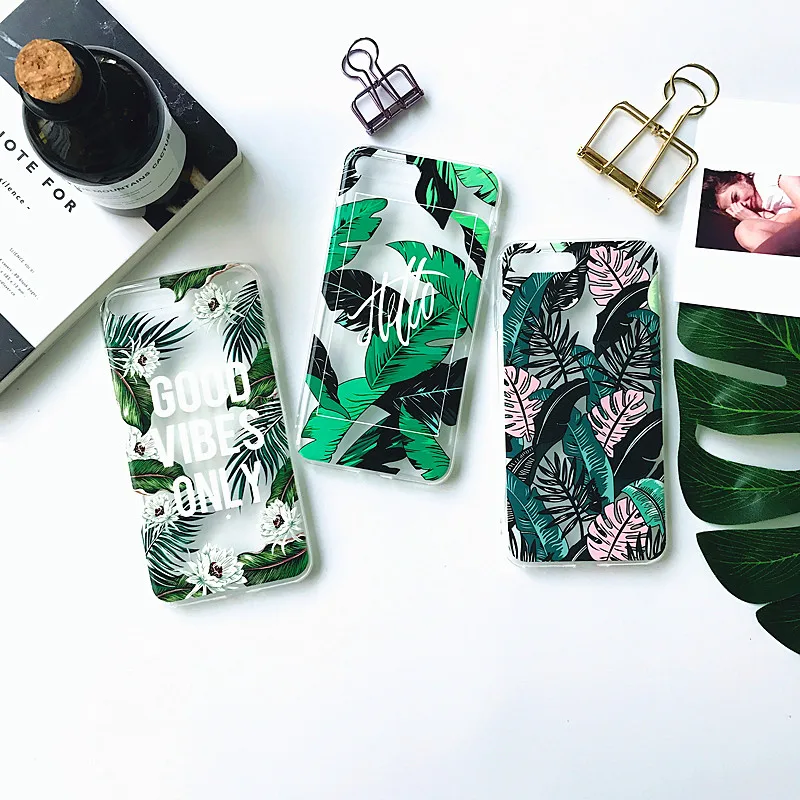 

Summer Palm Leaf Phone Case For iphone 7 8 6 Plus Case Clear Soft TPU Cover Cartoon Banana Leaves Cases For iphone 8 7 6 X Case