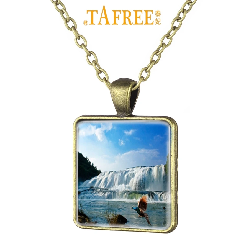 

TAFREE Huangguoshu Waterfalls Chinese Scenery Art Picture Square Necklace Antique Bronze Plated Glass Cabochon Dome Jewelry HG01