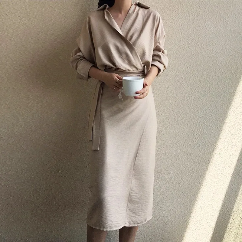 

Pengpious Korean fashion office lady dress long sleeves elegant slim waist with waist string women dress