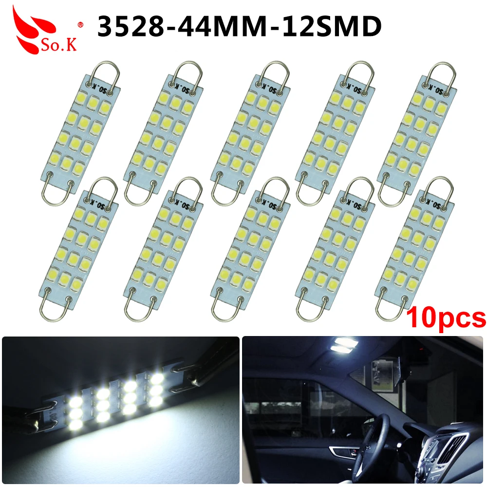 10 шт. гирлянда 44 мм Светодиодная автомобильная лампа s белая 12 SMD