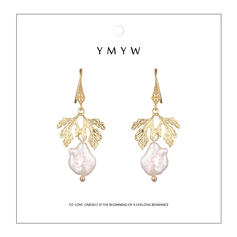 

YMYW Luxury Vintage Stylish Baroque Gold Leaf Plant Dangle Drop Earrings Natural Pearls Charm Earrings for Women Party Jewelry