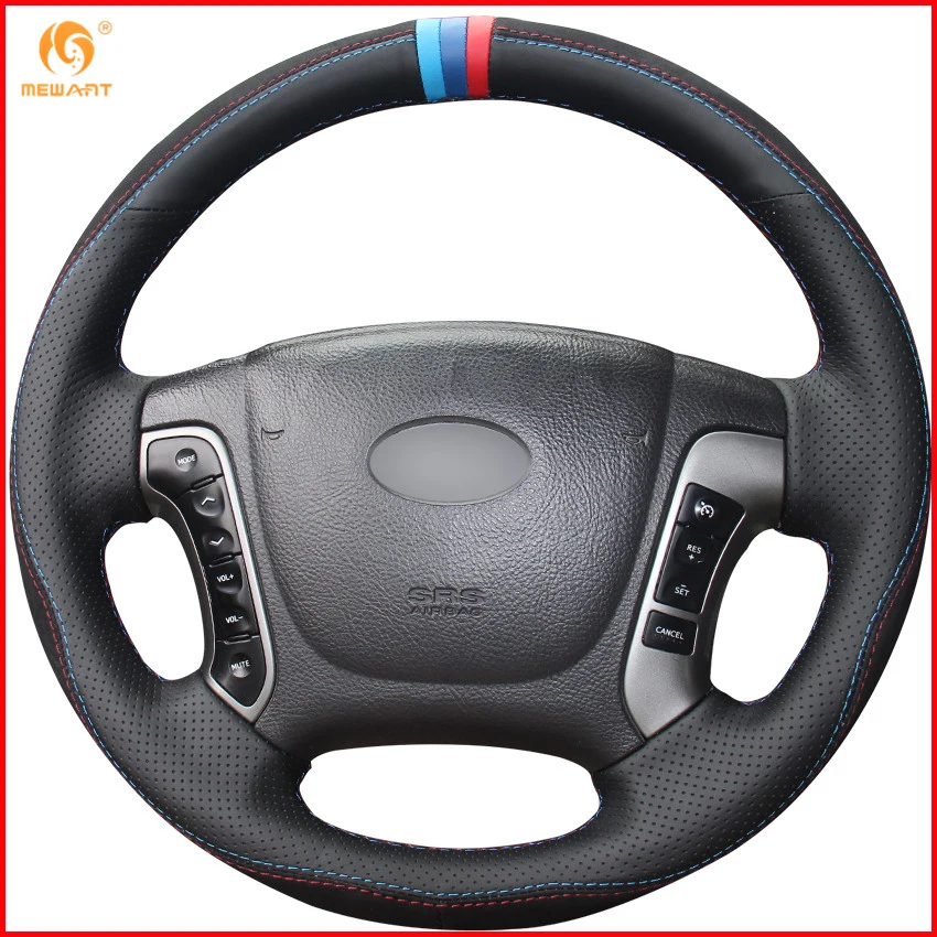 

MEWANT Black Genuine Leather Black Suede Car Steering Wheel Cover for Hyundai Santa Fe 2006-2012 Interior Accessories Parts