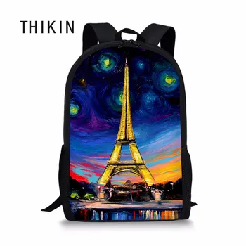 

THIKIN Famous Eiffel Tower Print Children School Bags for Boys Girls Book Bags Women Big Capacity Backpack Female Mochila Custom