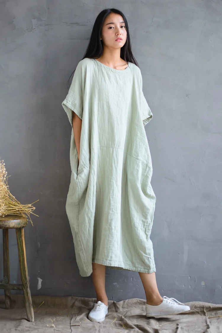 

Summer Ultra Loose Short Bat Sleeve Wide Hip Cotton Linen Dress, White Pink Light Green At Home Leisure Plus Size Robe Dresses