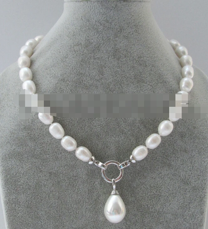 

HOT 002474 natural white freshwater pearl necklace + 20mm shell pendant