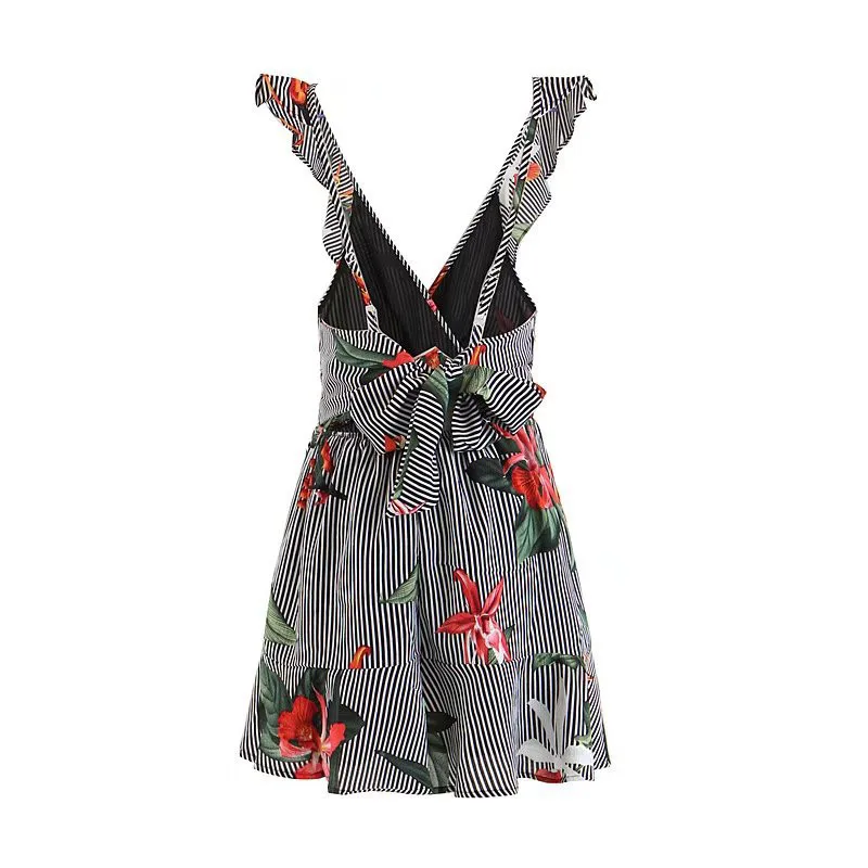yinlinhe Floral striped Playsuit Women Sleeveless V neck Sexy Summer Playsuit bow Tie Elegant Backless Jumpsuit Overalls    5
