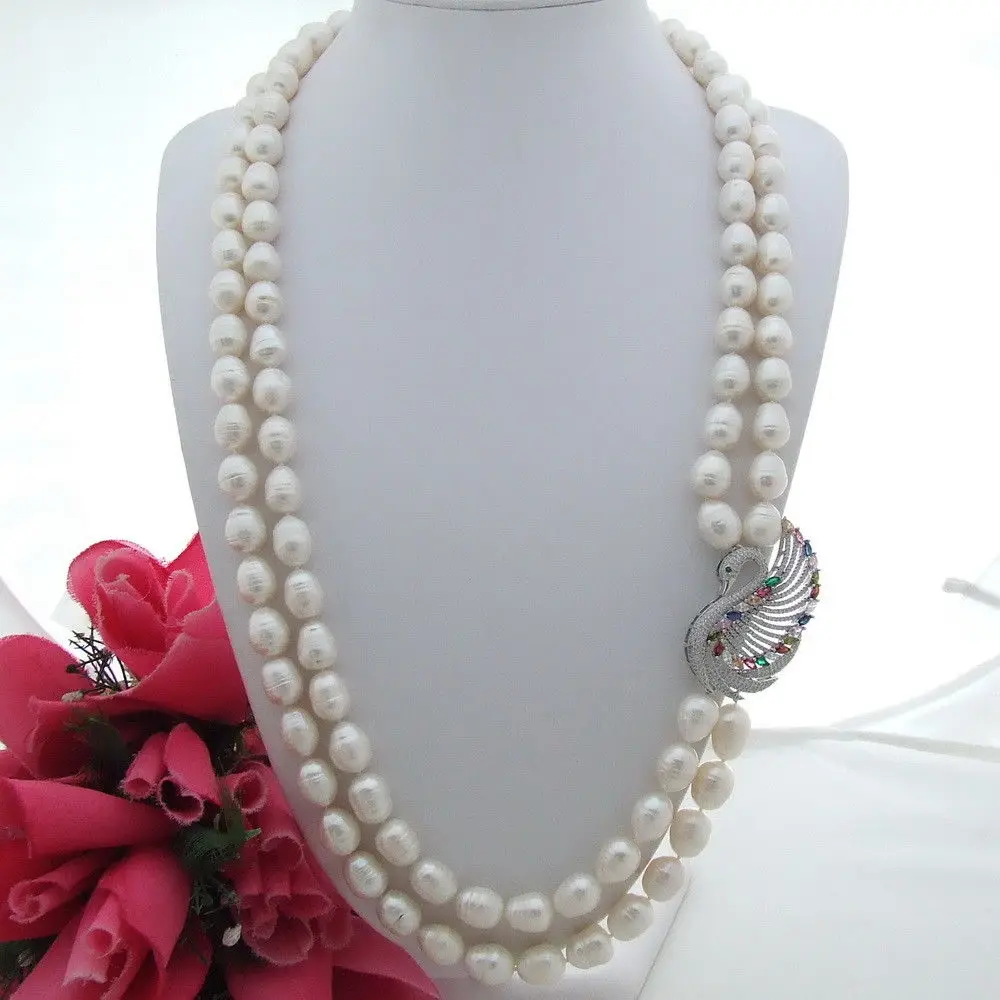 

FC102808 31" 2 Strands 12x14mm White Rice Pearl Necklace CZ Pendant